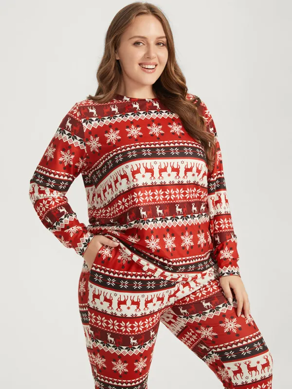 Snowflake & Elk Print Round Neck Sleep Top sold by Bloomchic