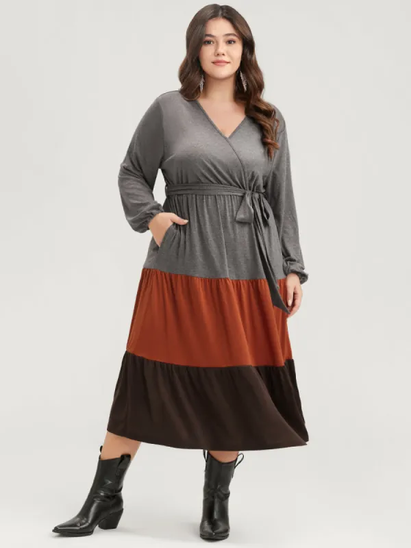 Colorblock Contrast Pocket Wrap Belted Ruffle Tiered Dress sold by Bloomchic
