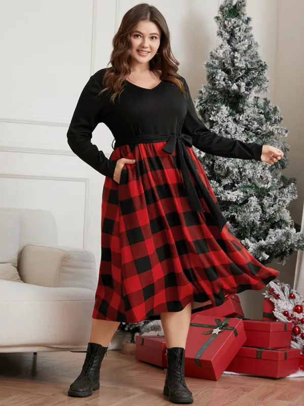 Solid Patchwork Pocket Belted Plaid Dress sold by Bloomchic