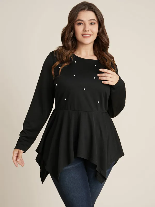 Solid Pearl Beaded Hanky Hem Long Tee sold by Bloomchic