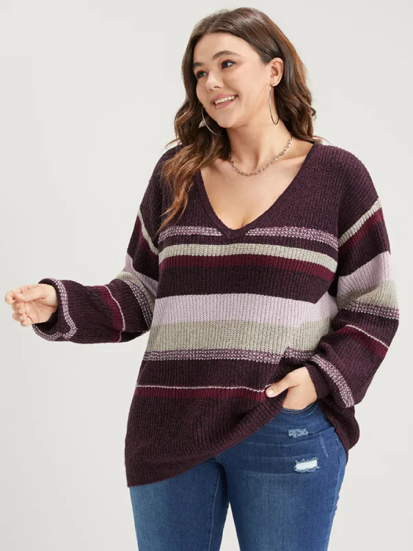 Striped Contrast Spacedye Knit V Neck Heather Knit Top sold by Bloomchic