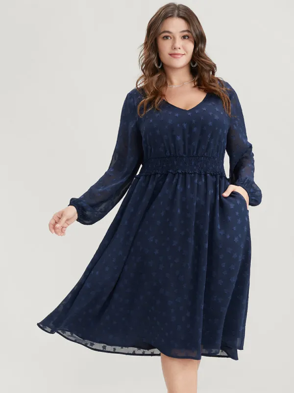 Star Print Pocket Lantern Sleeve Shirred Chiffon Dress sold by Bloomchic