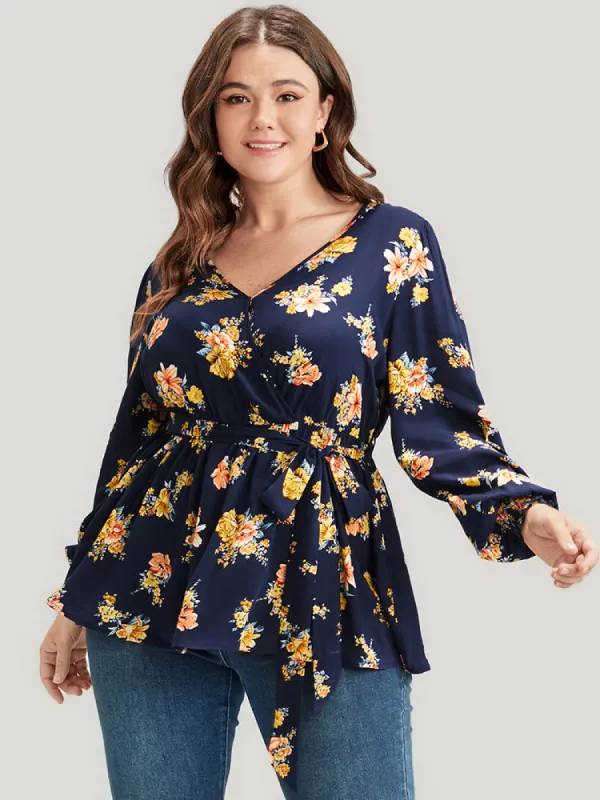 Floral Shirred Lantern Sleeve Belted Wrap Blouse sold by Bloomchic