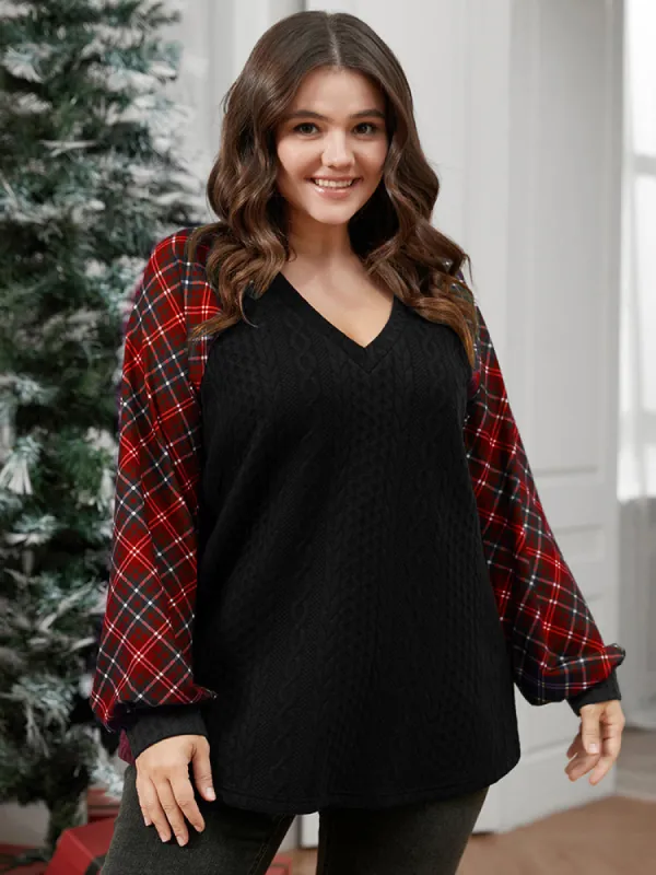 Plaid Patchwork V Neck Textured Sweatshirt sold by Bloomchic