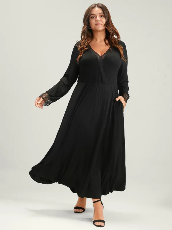 Solid Lace Patchwork Pocket Wrap Maxi Dress Without Belt sold by Bloomchic