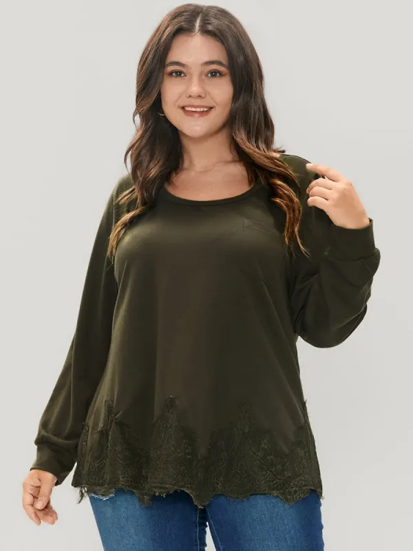 Solid Round Neck Pocket Lace Hem Sweatshirt sold by Bloomchic