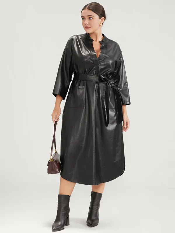 PU Leather Pocket Belted Arc Hem Dress sold by Bloomchic