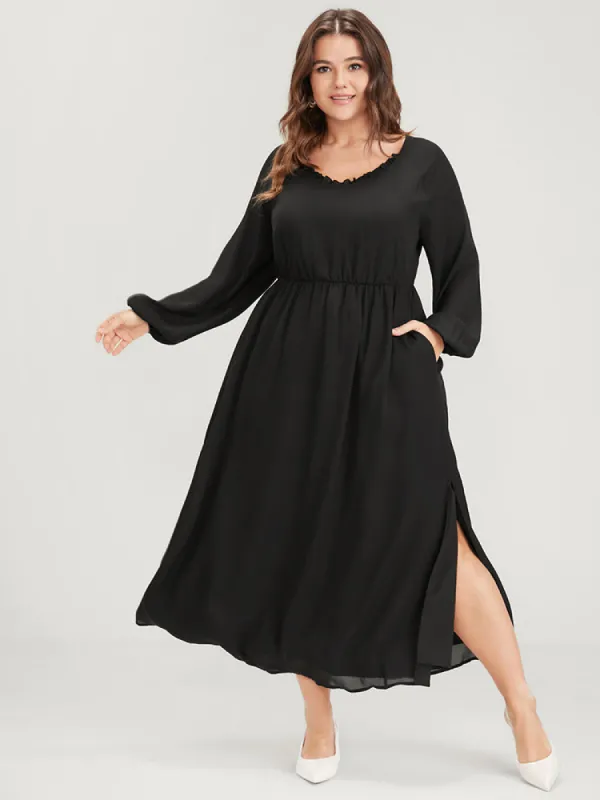 Plain Lantern Sleeve Pocket Ruffle Trim V Neck Split Dress sold by Bloomchic