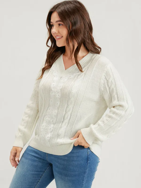 Plain Pointelle Knit V Neck Cable Knit Lace Patchwork  Knit Top sold by Bloomchic