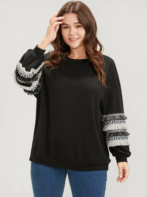 Plain Geometric Tape Fringe Trim Drop Shoulder Sweatshirt sold by Bloomchic