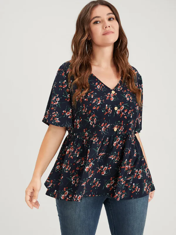 Floral Elastic Waist V Neck Button Ruffles Blouse sold by Bloomchic