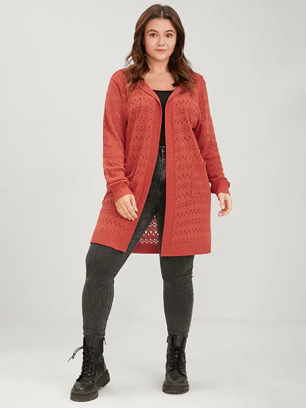 Plain Pointelle Knit Pocket Crochet Open Front Hooded Cardigan sold by Bloomchic