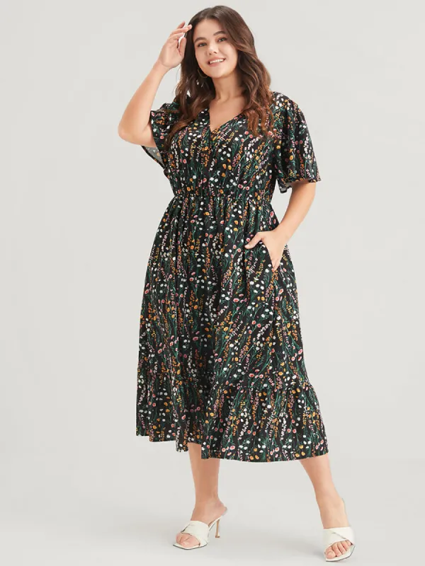 Ditsy Floral Elastic Waist Button Ruffle Pocket Wrap Midi Dress sold by Bloomchic