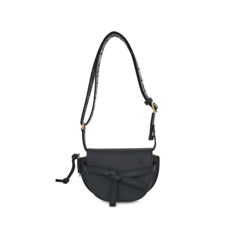 Mini Gate Dual Bag in Soft Calfskin and Jacquard Strap in Black sold by MARAIS