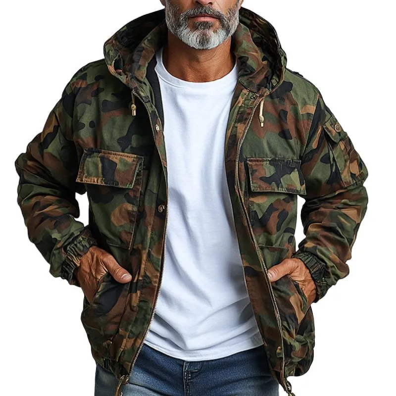 Men's Camouflage Hooded Multi-pocket Zip Cargo Jacket 19409115Z sold by Manly