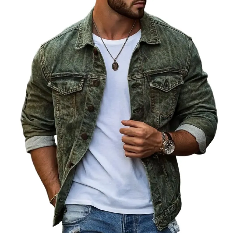Men's Vintage Washed Lapel Multi-pocket Denim Jacket 35364183X sold by Manly