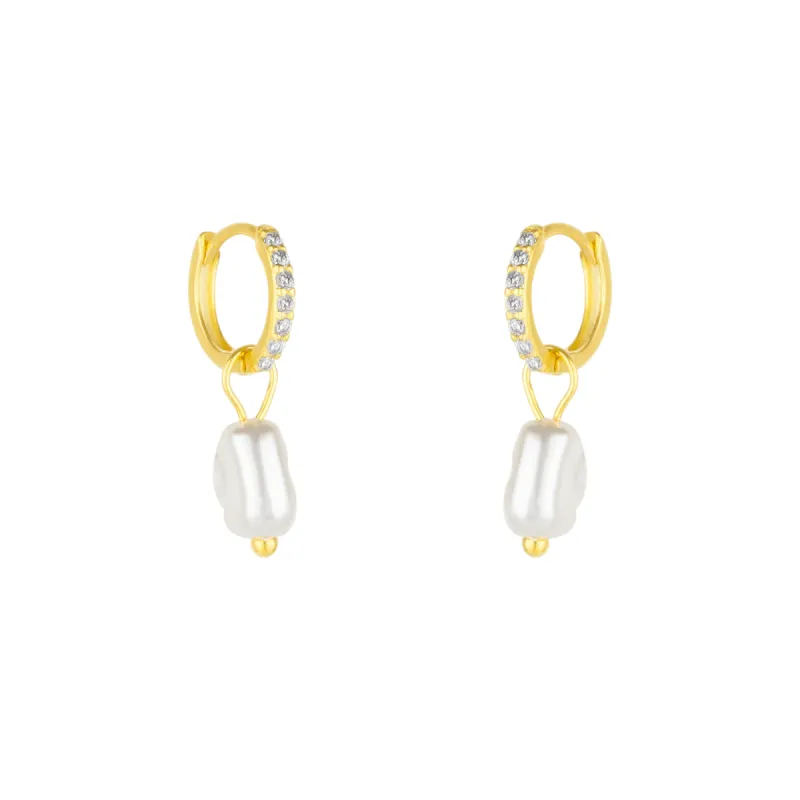 Huggie Pearl Drop Earrings in Sterling Silver sold by Spero London