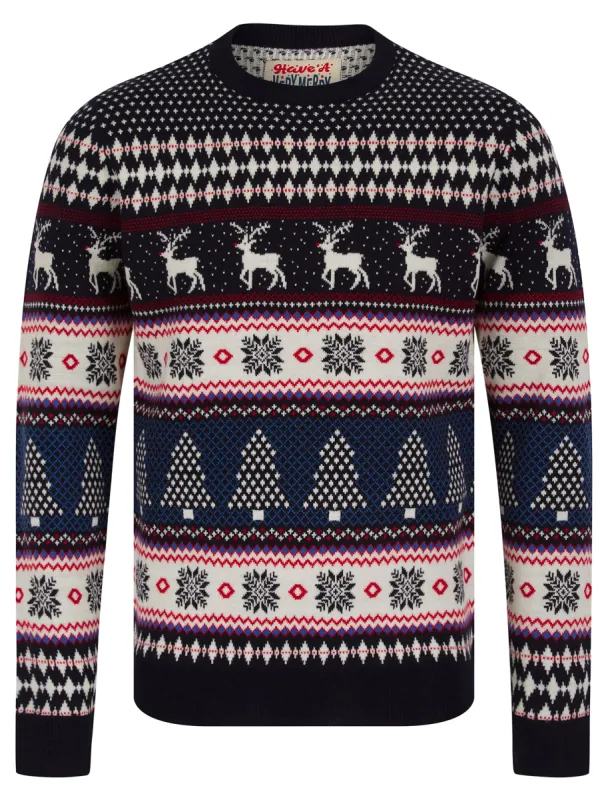Men's Milat Jacquard Nordic Fair isle Christmas Jumper in Ink - Merry Christmas sold by Tokyo Laundry