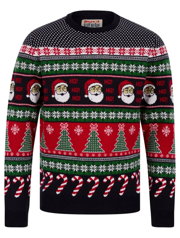 Men's Abie Wrapping Paper Pattern Novelty Knitted Christmas Jumper in Ink - Merry Christmas sold by Tokyo Laundry