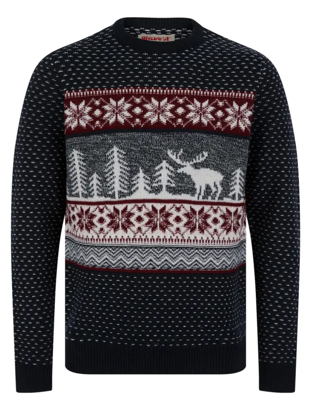 Men's Westwick Festive Scene Wool Blend Novelty Knitted Christmas Jumper in Ink - Merry Christmas sold by Tokyo Laundry