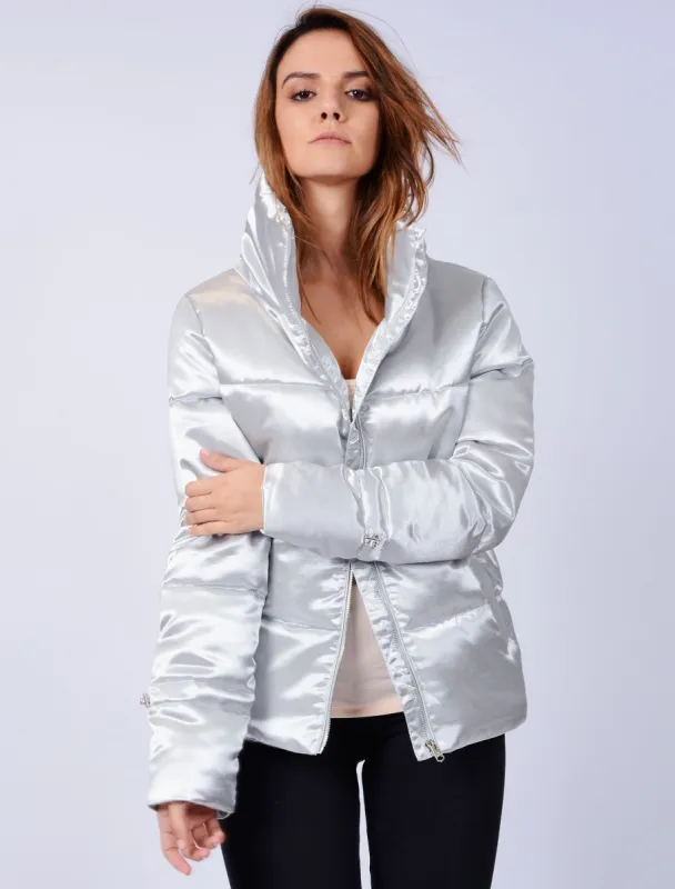 Edona Satin Quilted Puffer Jacket in Whisper Grey - Tokyo Laundry sold by Tokyo Laundry