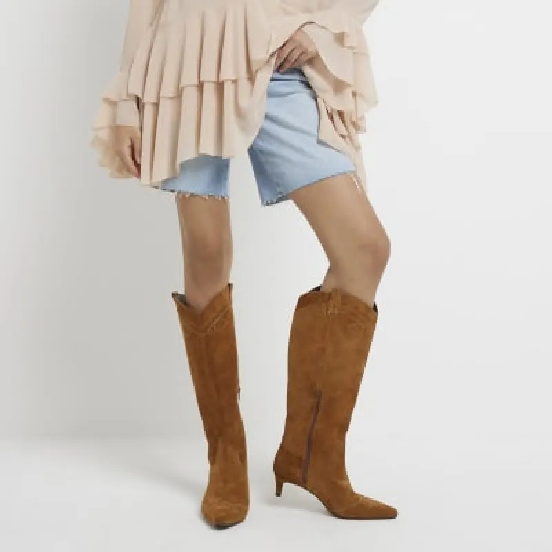 Tan Suede Knee High Western Boots sold by River Island