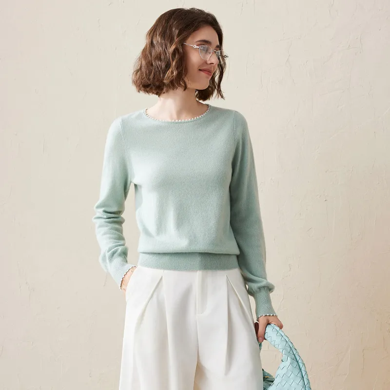 100% Cashmere Women's Pearl-Trimmed Knit Sweater sold by COMOBOCA