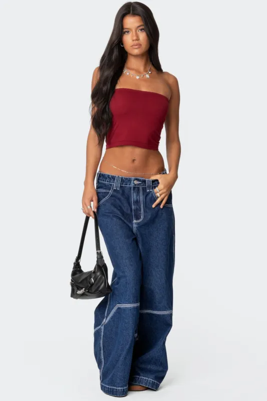 Super Wide Contrast Stitch Low Rise Jeans sold by Edikted