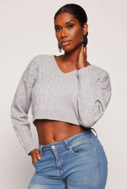 Cable Knit V Neck Cropped Sweater sold by Rainbow
