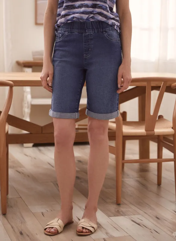 Embroidered Pull-On Denim Shorts sold by Laura