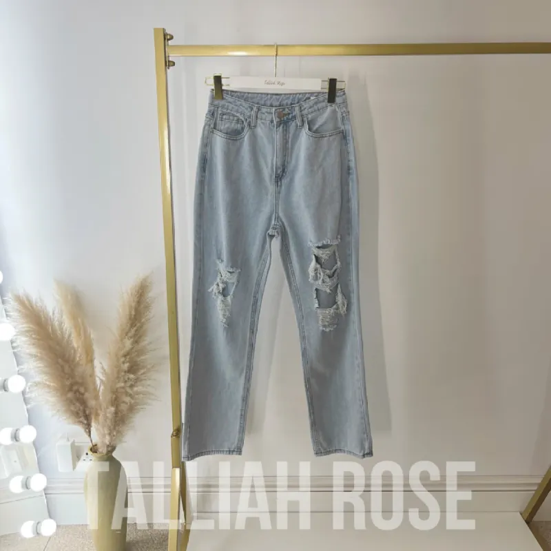 JENNA Distressed Light Wash High Waisted Loose Fit Straight Leg Jeans sold by Talliah Rose UK