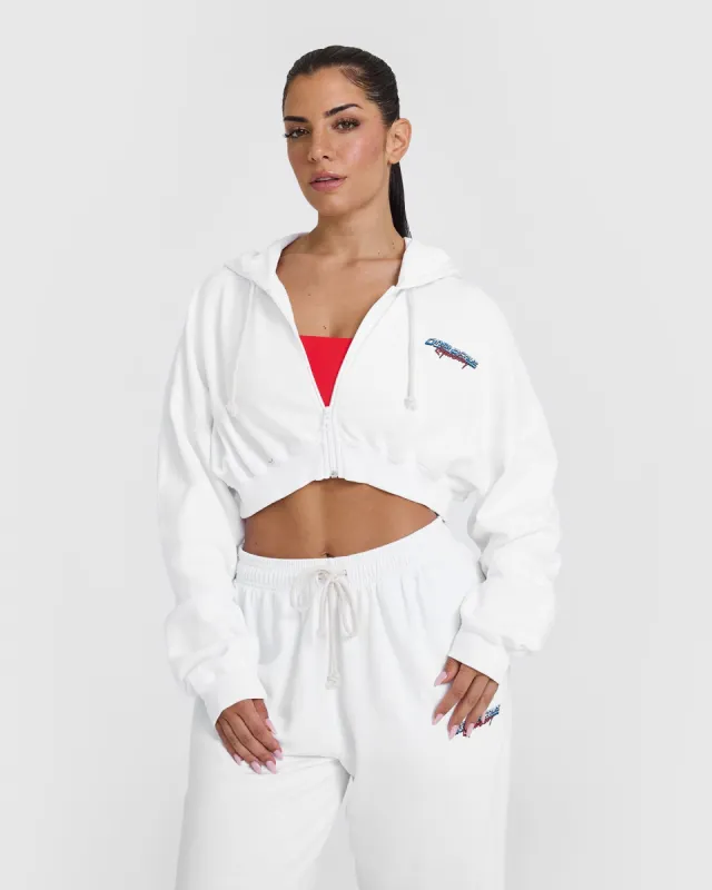 Raw Lounge Crop Zip Through Hoodie with Graphic | White sold by Oner Active
