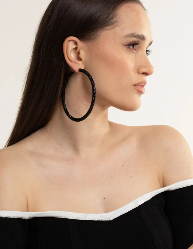 Black Jet 85mm Encrusted Hoop Earrings sold by lovisa