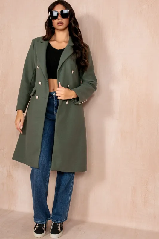 Winona Khaki Longline Double Breasted Coat sold by Va Va Voom