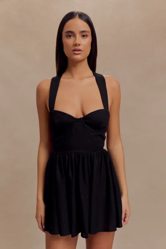 Loz Tie Back Linen Mini Dress - Black sold by Meshki