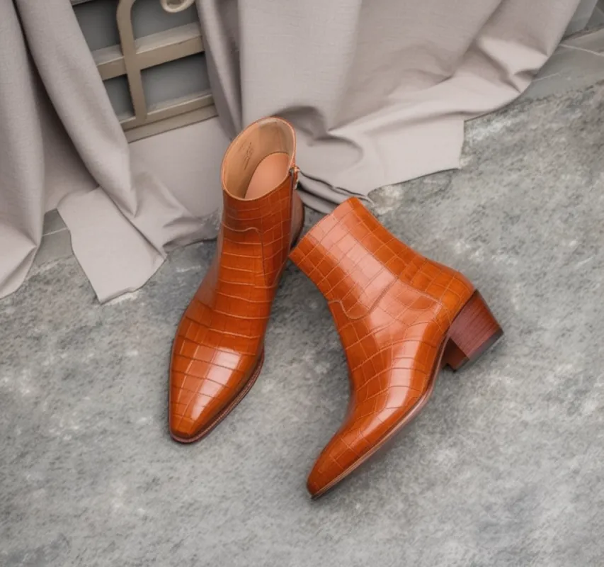 Tan Croc Print Leather Lazzer Slip On Zipper Pointed Boots sold by Costoso Italiano