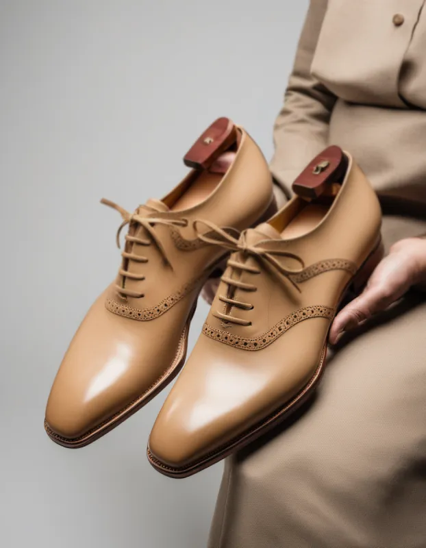 Beige Leather Kratio Brogue Oxfords - Formal Shoes sold by Costoso Italiano