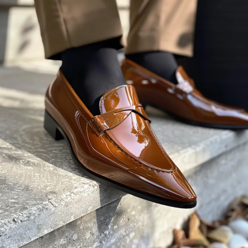 Brown Patent Leather Ciro Slip On Pointed Loafer Shoes sold by Costoso Italiano