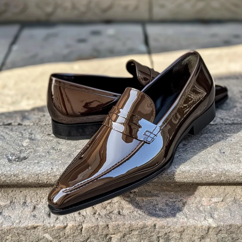 Brown Patent Leather Celestino Slip On Pointed Loafer Shoes sold by Costoso Italiano