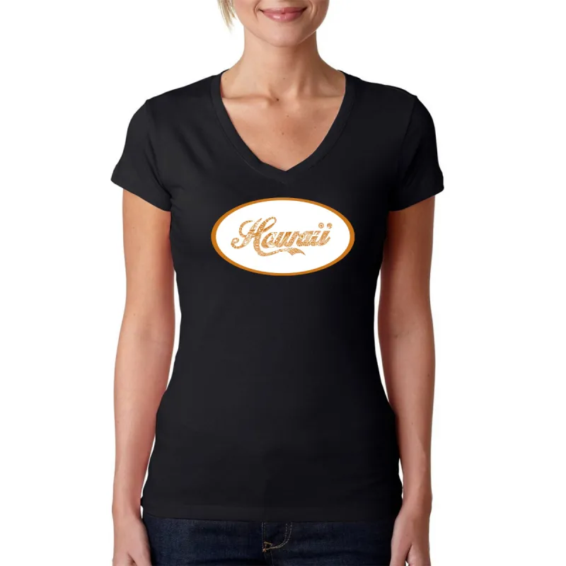 HAWAIIAN ISLAND NAMES & IMAGERY - Women's Word Art V-Neck T-Shirt sold by LA Pop Art