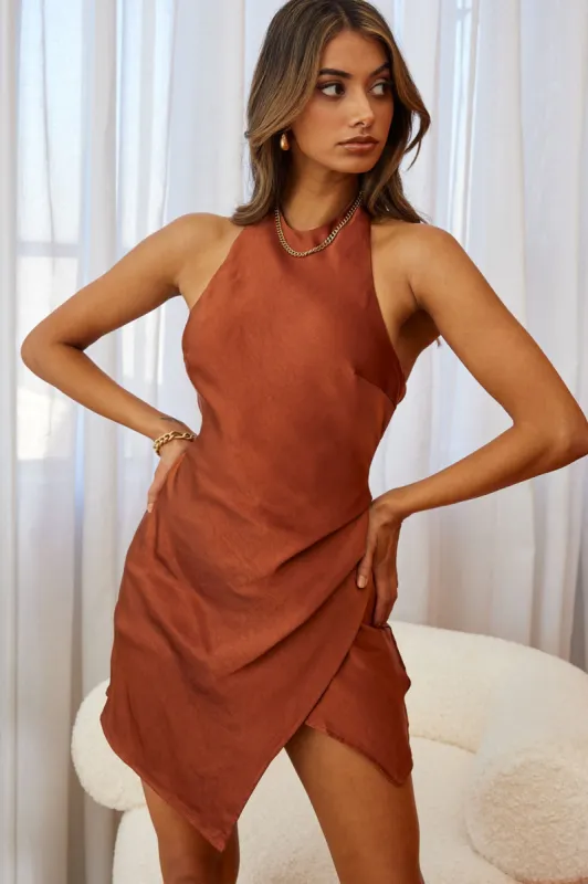 Sonoma Halterneck Faux Wrap Twist Back Mini Dress Chocolate sold by Selfie Leslie