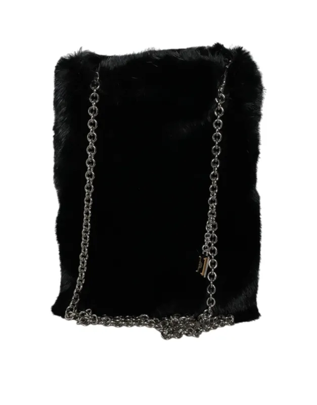 Black Faux Fur Silver Chain Crossbody Shoulder Purse Bag sold by Louxly