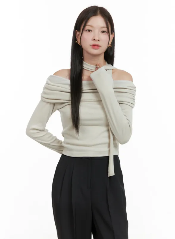 Off-Shoulder Crop Top with Scarf OG416 sold by Lewkin