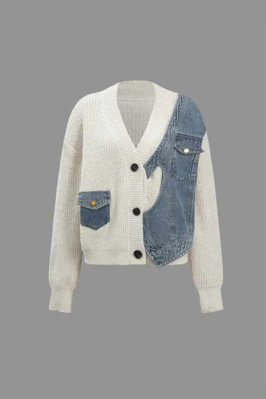 Patchwork Denim Strik Color Block Button Asymmetrisk Pocket Cardigan sold by Micas