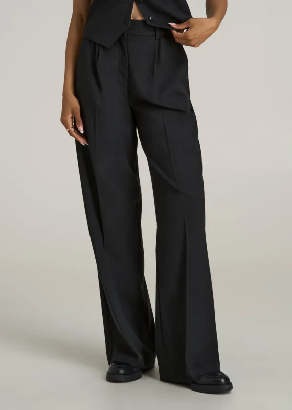 High-Rise Wide-Leg Pleated Dress Pants for Tall Women in Black sold by American Tall