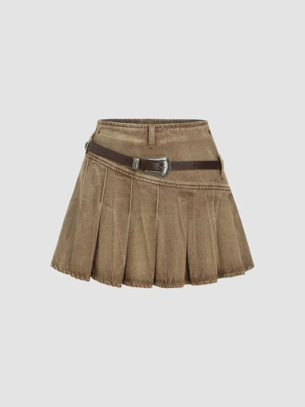 Denim Low Waist Pleated Mini Skirt sold by Cider