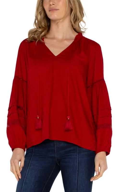 TIE FRONT POPOVER SHIRRED BLOUSE sold by Liverpool Jeans Company