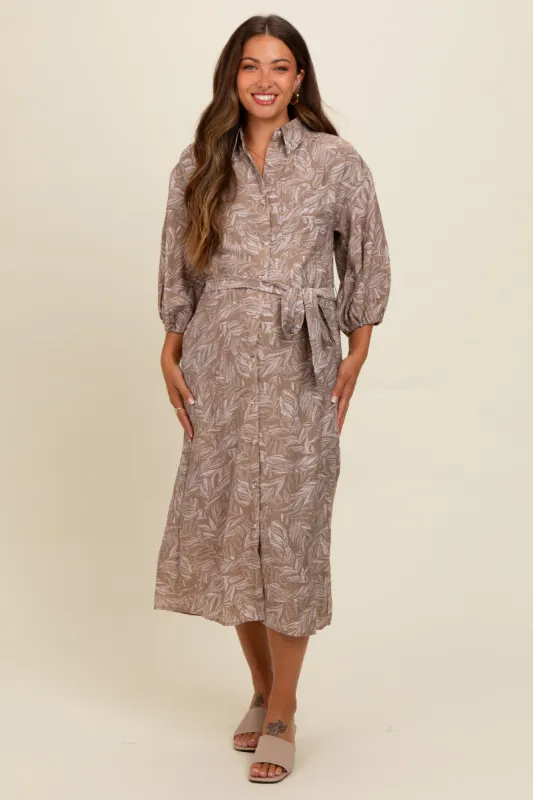 Mocha Leaf Print Button Down Front Tie Maternity Midi Dress sold by Pinkblush