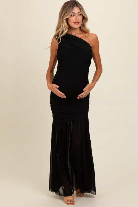 Black Ruched Mesh One Shoulder Maternity Maxi Dress sold by Pinkblush