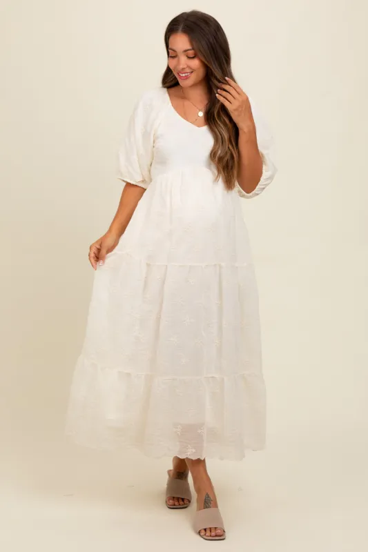 Cream Floral Puff Sleeve Maternity Midi Dress sold by Pinkblush